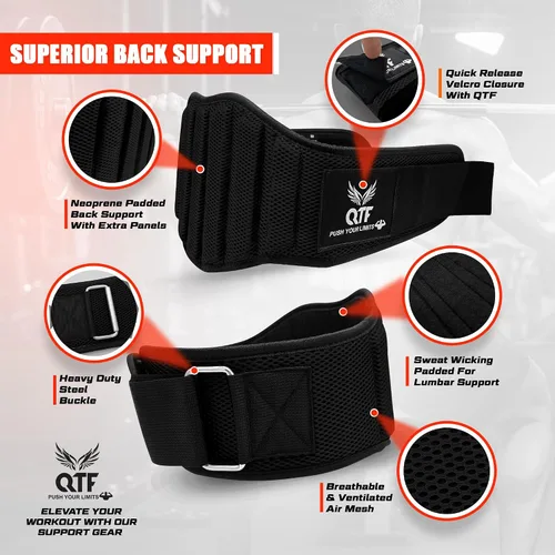 Miniatura 3 de QTF Cinturón de neopreno para levantamiento de pesas, ajustable de 6 pulgadas, soporte de gimnasio para estabilidad y apoyo lumbar, cinturón