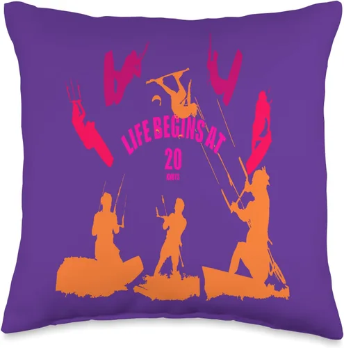 Kitesurf Gifts and Surf Lover Tees by taiche Kiting Life Begins at Twenty Knots Kitesurfer Fun Quote 2 Throw Pillow, 16x16, Multicolor