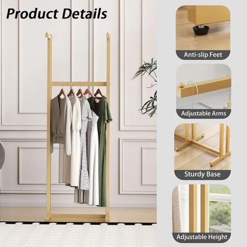 Miniatura 4 de Percheros Dorados para Ropa, Perchero de Metal con 4 Brazos Rectos, Perchero de Pie para Colgar Ropa Resistente, 46" a 63" de Altura Ajustable