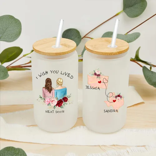Miniatura 5 de Vasos de beber personalizados para mejor amigo con tapa de bambú y popote de cristal, con texto en inglés "I Wish You Lived Next Door", con nombre