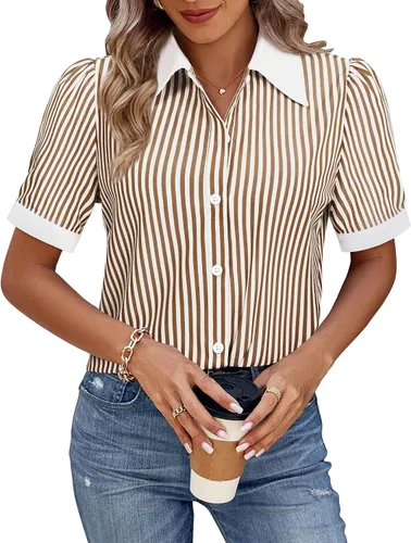 Miniatura 33 de Gleeivy Camisas de botones para mujer de manga corta abombada, camisas de vestir abotonadas con cuello ajustado, blusa superior de trabajo