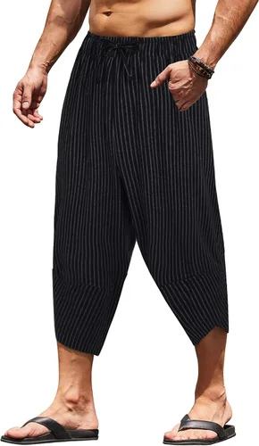 COOFANDY Pantalones capri harén de lino para hombre, ligeros, sueltos, 34, con cordón elástico, cintura elástica, pantalones casuales para yoga y