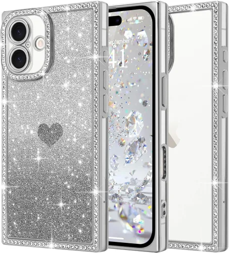 Miniatura 43 de Funda para iPhone 13, funda de diamantes de imitación de lujo con patrón de corazón de amor de cristal [papel con purpurina extraíble], parachoques