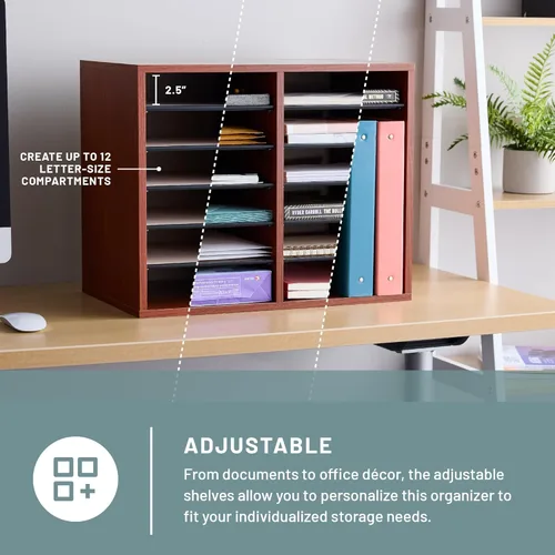 Miniatura 2 de Safco - Organizador de literatura, 12 compartimentos, buzón para oficina y aula con estantes ajustables, organizador de papel y correo de madera