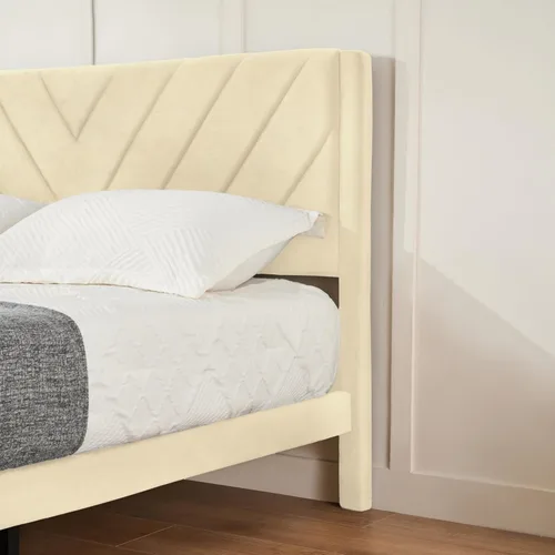 Miniatura 4 de Base de cama de plataforma de tamaño matrimonial con cabecera de terciopelo, borde de ala, listones de madera resistentes, sin ruido, no necesita