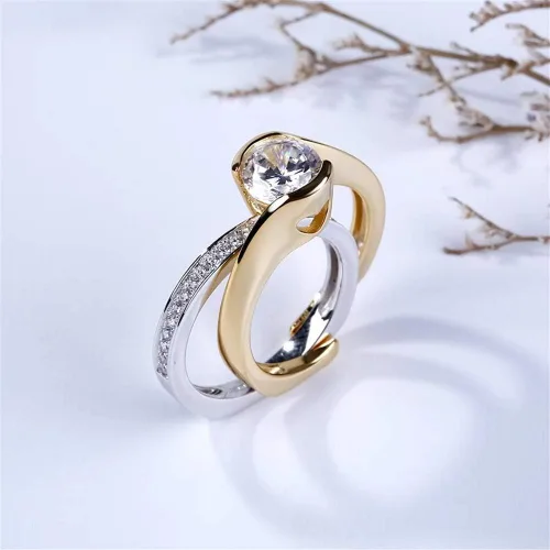 Miniatura 6 de Jeulia Anillo asimétrico de 2,5 quilates para mujer de corte redondo de diamantes de 14 quilates chapado en oro de 14 quilates anillos de compromiso