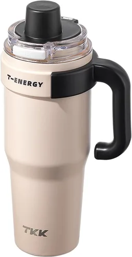 Miniatura 13 de TKK Vasos aislados de 40 onzas con asa y pajilla, taza de viaje de acero inoxidable con revestimiento de cerámica, taza de café helado de doble