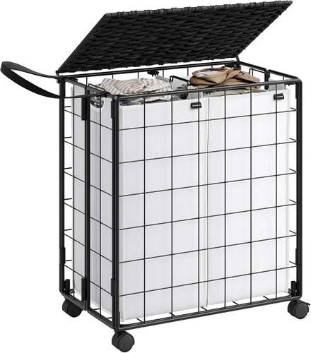 Miniatura 10 de SONGMICS Cesta de lavandería de 90 litros con tapa, cesta de ropa con ruedas, bolsa de forro extraíble plegable, clasificador de ropa hecho