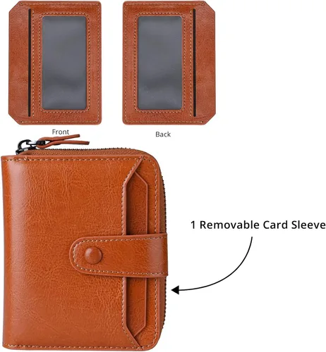 Miniatura 4 de Billetera pequeña para mujer con bloqueo RFID, cierre de cuero, bolsillo para monedas, tarjetero, con ventana de identificación, Marrón