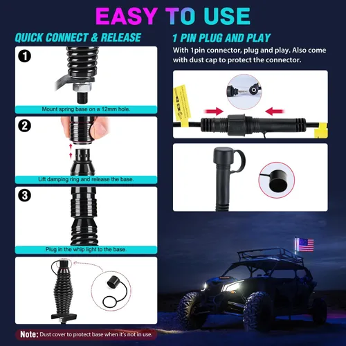 Miniatura 5 de Nilight Luz LED para látigo, 1 antena COB RGB de 2 pies con base de resorte, aplicación Bluetooth y control remoto, patrones de persecución