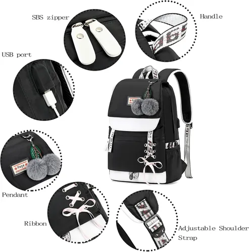 Miniatura 2 de Mochila Asge escolar, informal, para libros, de uso diario, para niña, negro 2), ASGE-BB-03