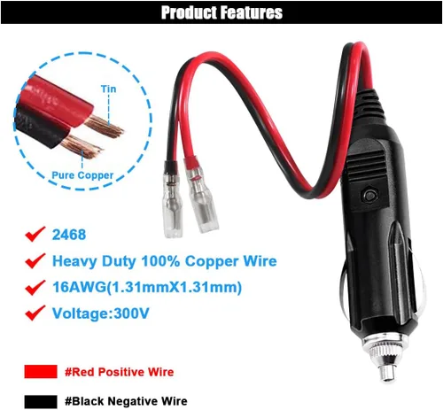 Miniatura 5 de Enchufe Macho de Encendedor de Cigarrillos de Repuesto de 12V con Cables y Luz LED - Conector de Toma de Encendedor de Cigarrillos Macho