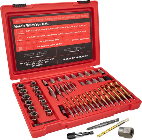 Juego de 53 extractores de tornillos, juego de brocas para mano izquierda 6542/4341 HSS, juego de extractor de pernos fácil de sacar con adaptador