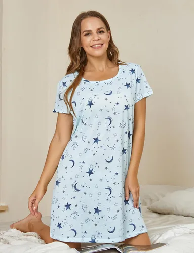 Miniatura 4 de PNAEONG - Camisón de algodón para mujer, de manga corta y con estampado, ropa de dormir informal