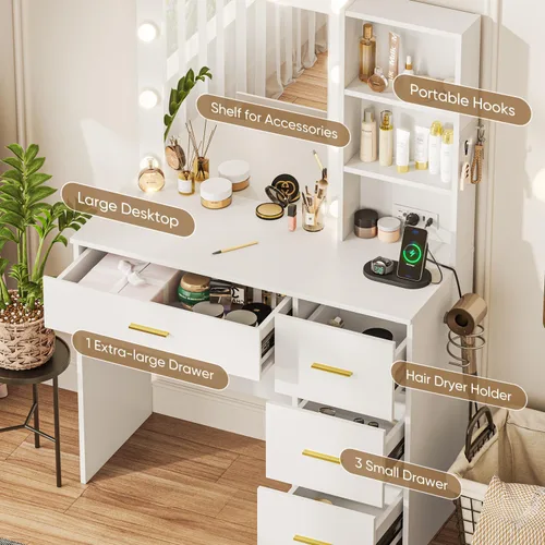 Miniatura 2 de Escritorio de tocador blanco con espejo iluminado por LED, escritorio de maquillaje con espejo iluminado con 4 cajones de almacenamiento y toma