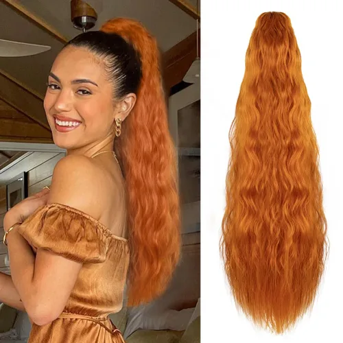 Miniatura 10 de YEAME Extensión de cola de caballo ondulada con clip de garra, cola de caballo de 22 pulgadas, pelo sintético castaño mezclado con rubio, cola