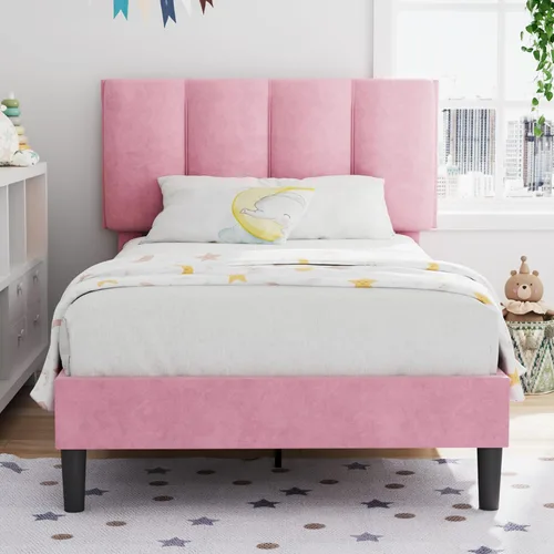 Miniatura 11 de VECELO - Base de cama tamaño individual con cabecera tapizada, plataforma con soporte de listones de madera de alta resistencia, no necesita somier