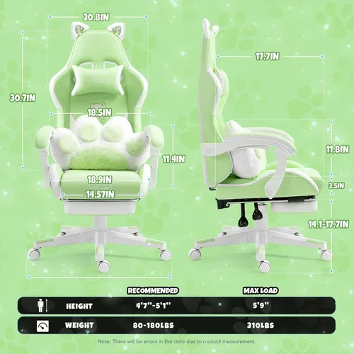 Miniatura 2 de Silla de gamer verde con reposapiés de gato de Vigosit, silla de escritorio de gamer ergonómica y linda con orejas de gato, silla de computadora