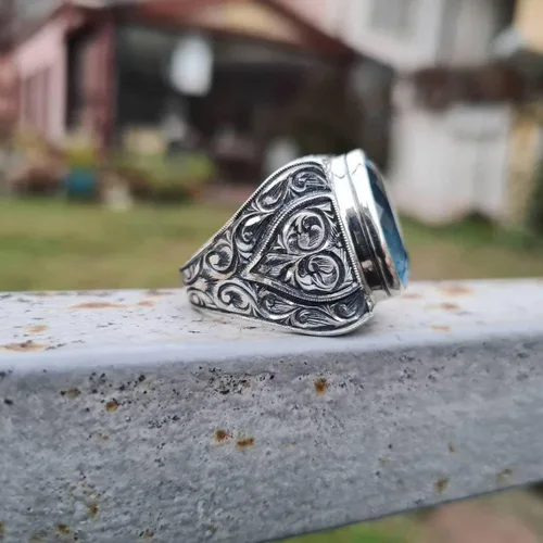 Miniatura 3 de LRESJJIUJ Anillo de acero inoxidable retro con circonitas cúbicas de corte cuadrado, sello de piedra tallada a mano, gema de topacio azul, anillo