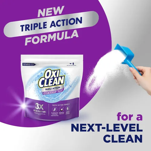 Miniatura 2 de OxiClean Polvo removedor de olores y manchas de triple acción, uso con detergente, elimina olores difíciles y elimina manchas, color seguro y sin