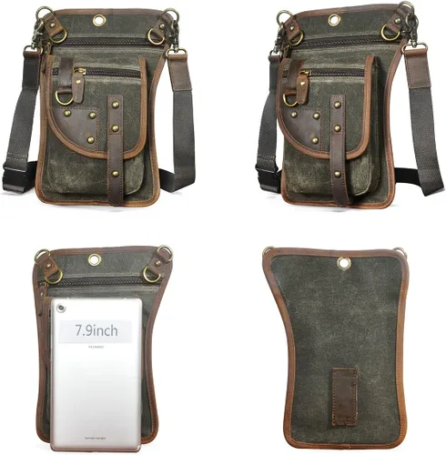 Miniatura 3 de Handadsume Lona resistente al agua + cuero para motocicleta, viajes, riñonera de viaje, bolsa de pierna para hombres y mujeres FB2141, 2141-El verde