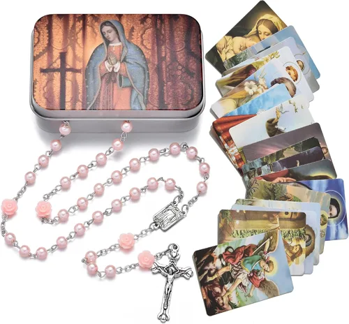 SZQCZB Rosario - Collar católico con medalla del suelo sagrado Crucifijo con caja de metal y 18 tarjetas de oración