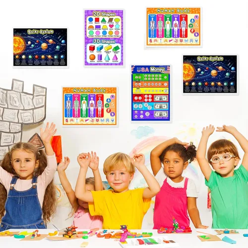 Miniatura 5 de Pósteres Educativos de Aprendizaje para Niños y Niños Pequeños Póster del Sistema Solar, Mapa Mundial, Mapa de EE.UU., Cuerpo Humano para Preescolar