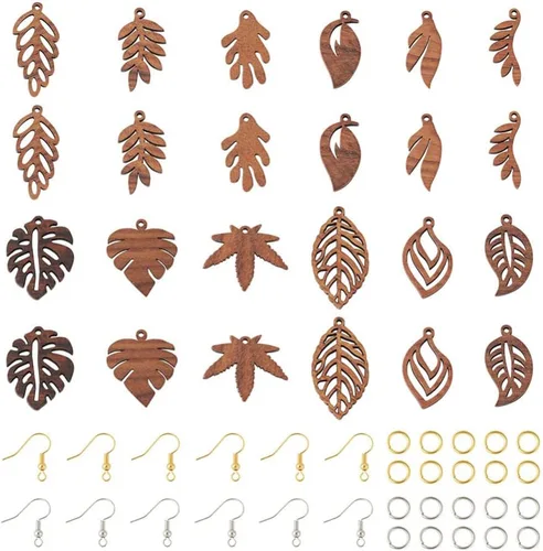 Mega Pet Kit de fabricación de aretes colgantes de madera, 24 dijes de madera natural con 60 ganchos de latón para aretes, 60 anillos de latón para