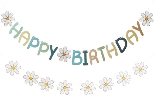 Cartel de feliz cumpleaños con diseño de margarita para niños y adultos, decoración de fiesta de cumpleaños (azul + blanco)