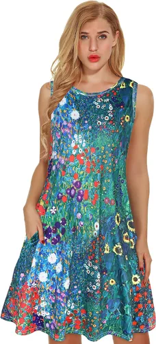 Miniatura 2 de elescat Vestidos de verano para mujer, estilo casual, sin mangas, estampado floral, holgado, con bolsillo