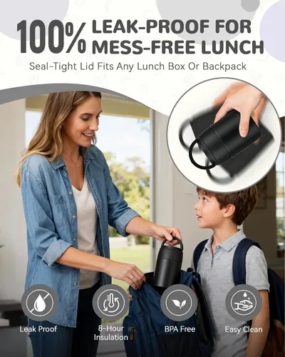 Miniatura 5 de Termo de Sopa de 10 oz para Comida Caliente para Niños, Frasco de Comida Aislado con Cuchara de Boca Ancha, Contenedor de Almuerzo de Acero Negro