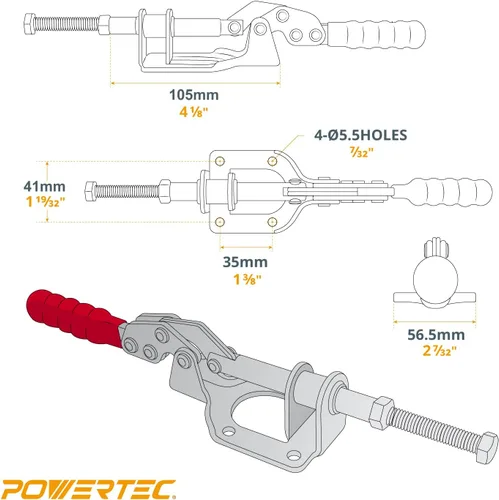 Miniatura 6 de POWERTEC Abrazaderas de palanca de 2 unidades, capacidad de sujeción de 300 libras, abrazadera de empuje y tracción de liberación rápida 302F