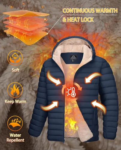 Miniatura 18 de MAGCOMSEN Chaqueta acolchada para hombre con capucha, forro de vellón, chaqueta térmica resistente al agua, chaqueta de plumón con cremallera