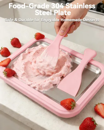 Miniatura 2 de Máquina de helados enrollada, placa manual de acero inoxidable para hacer rollos de helado con 2 raspadores, bandeja de postre congelado casera,