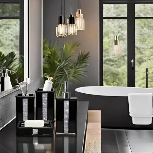 Miniatura 3 de Juegos de Accesorios de Baño para Baño, Juego de Dispensador de Jabón de Baño Negro, Bomba Dispensadora de Líquido de Cerámica, 2 Vasos Tumbler