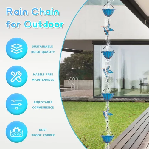 Miniatura 3 de Cadena de lluvia de 13.4 pies, cadenas de lluvia de colibrí para exterior, campana de cadena de lluvia de cobre con 12 tazas, cadena decorativa