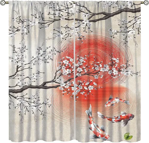 Cortinas de pescado Koi, pintura de tinta tradicional china, estilo japonés, Koi, hogar, dormitorio, sala de estar, cocina, vintage, tratamiento de