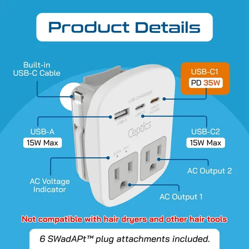 Miniatura 3 de Adaptador de viaje Ceptics, de EE. UU. a Japón, Filipinas, con doble USB, tipo A, ultra compacto All in One - 2 USB + 2 US Sockets Blanco