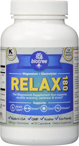 BioTree Labs Relax 180 - Paquete de 120, suplemento de magnesio y potasio con electrolitos | Ayuda al dolor muscular, espasmos y tensión | 60 días