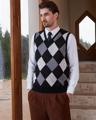 Miniatura 2 de Kallspin Suéter tipo chaleco con rombos para hombre, mezcla de lana, cuello en V, sin mangas