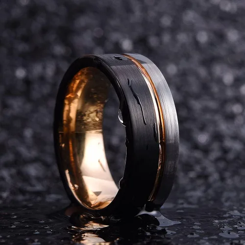 Miniatura 2 de King Will Loop. Anillo de boda de carburo de tungsteno de 0.2360.315de pulgada, con línea de oro rosa, anillo negro y plata cepillado, ajuste cómodo
