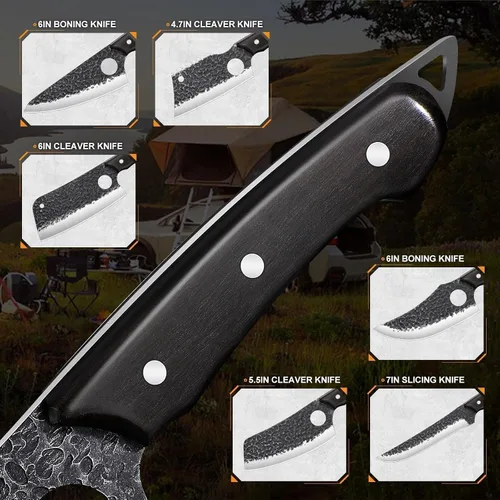 Miniatura 4 de TAN REN 17 piezas de juego de cuchillos de carnicero con bolsa, juego de cuchillos de BBQ de acero de alto carbono para cortar carne, cuchillos