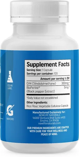 Miniatura 2 de NewLife Naturals Suplemento DIM de 300 mg, mujeres y hombres, acné hormonal y equilibrio, estrógeno, apoyo para la menopausia - Suministro para 120