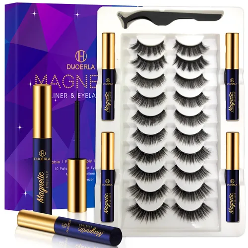 DUOERLA - Pestañas magnéticas de aspecto natural, 10 pares de pestañas magnéticas de volumen completo con kit de delineador de ojos, 4 tubos de