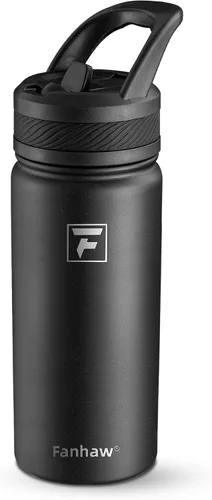 Fanhaw Botella de Agua Aislada para Niños de 18 Oz con Tapa de Pajita – Acero Inoxidable de Doble Pared al Vacío, A Prueba de Fugas, Botellas de