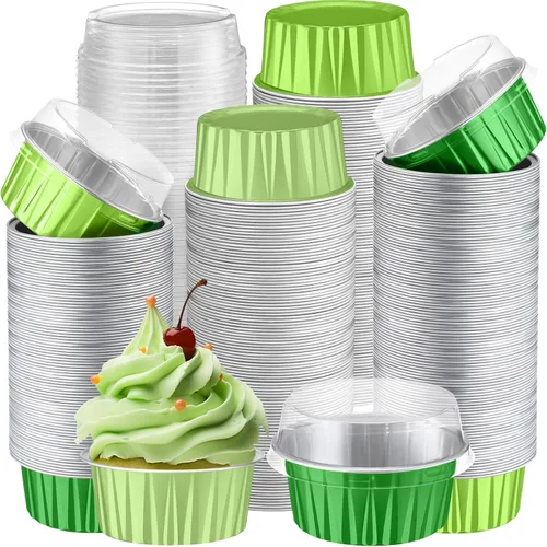 Miniatura 25 de Gejoy 400 Piezas Moldes de Papel de Aluminio para Hornear con Tapas 5 oz Moldes Desechables Ramekins Mini Moldes para Pasteles Crème Brûlée Moldes