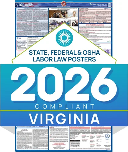 Póster de la ley laboral 2026 de Virginia – Cumplimiento estatal y federal – OSHA, EEOC, FMLA, salario mínimo – Póster de empleo duradero, laminado