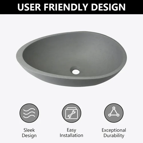 Miniatura 4 de Dolonm Fregadero de baño para baño, lavabo de baño de hormigón en gris sin grifo ni drenaje, 21 x 15 pulgadas, en forma de huevo