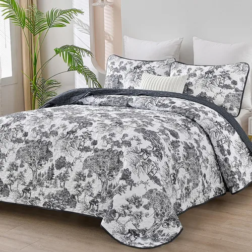 Miniatura 26 de WONGS BEDDING Juego de edredón botánico tamaño Queen, negro, 3 piezas, colcha con estampado floral de plantas Toile, juego de ropa de cama