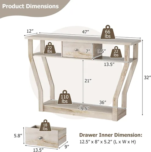 Miniatura 2 de BestComfort Mesa consola estrecha de 47 pulgadas con cajón, acento de entrada de madera de 3 niveles con estantes abiertos, mesa de sofá multiusos